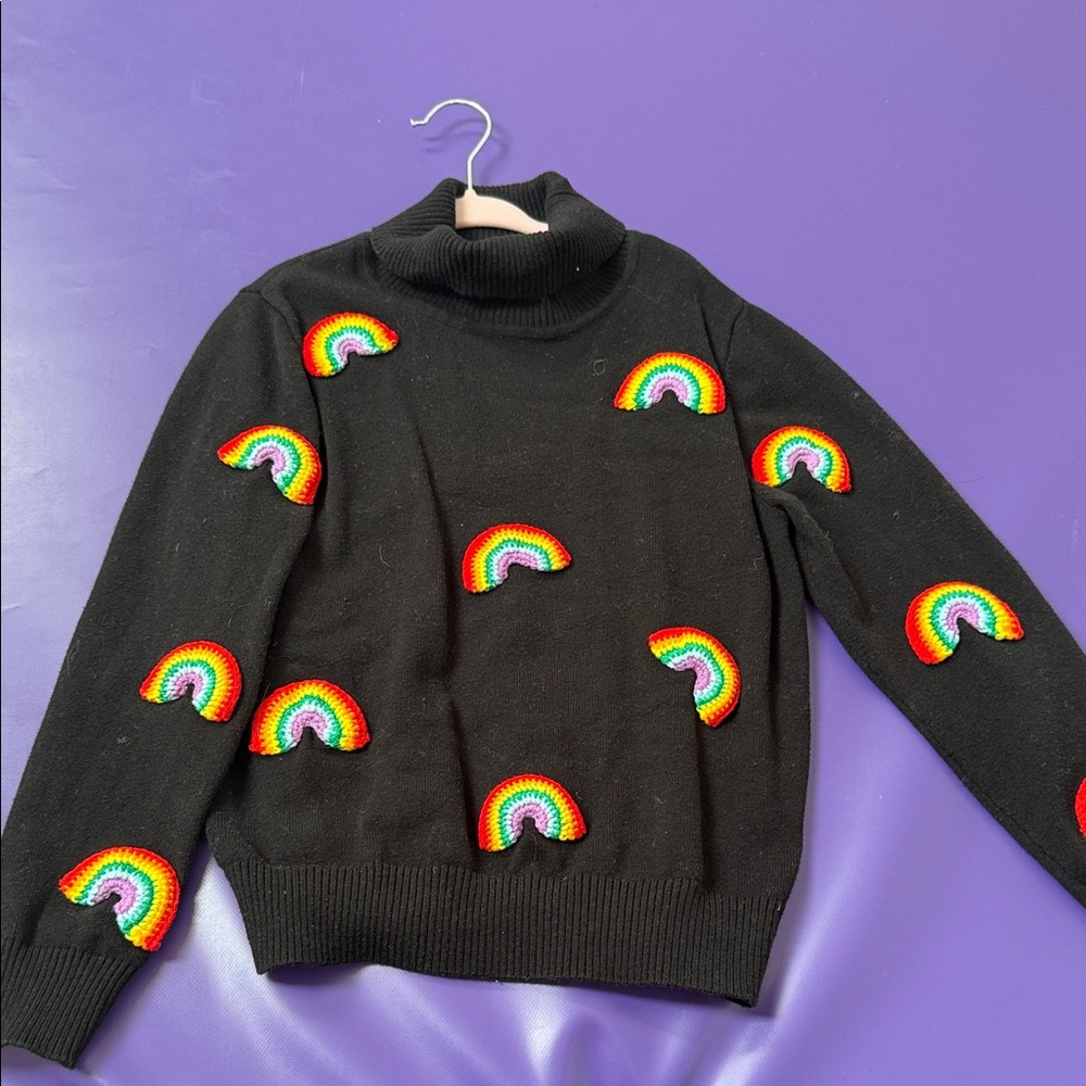 Lola + The Boys Black Turtleneck Sweater with Rainbow Appliqués